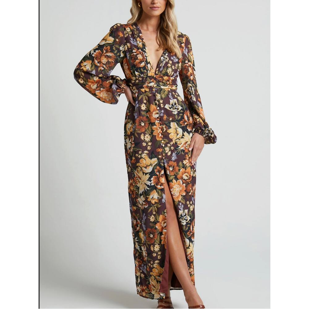Showpo Floral Midi Maxi Dress Size 4 Long Sleeve Lorelei Boho Deep Plunge Neck